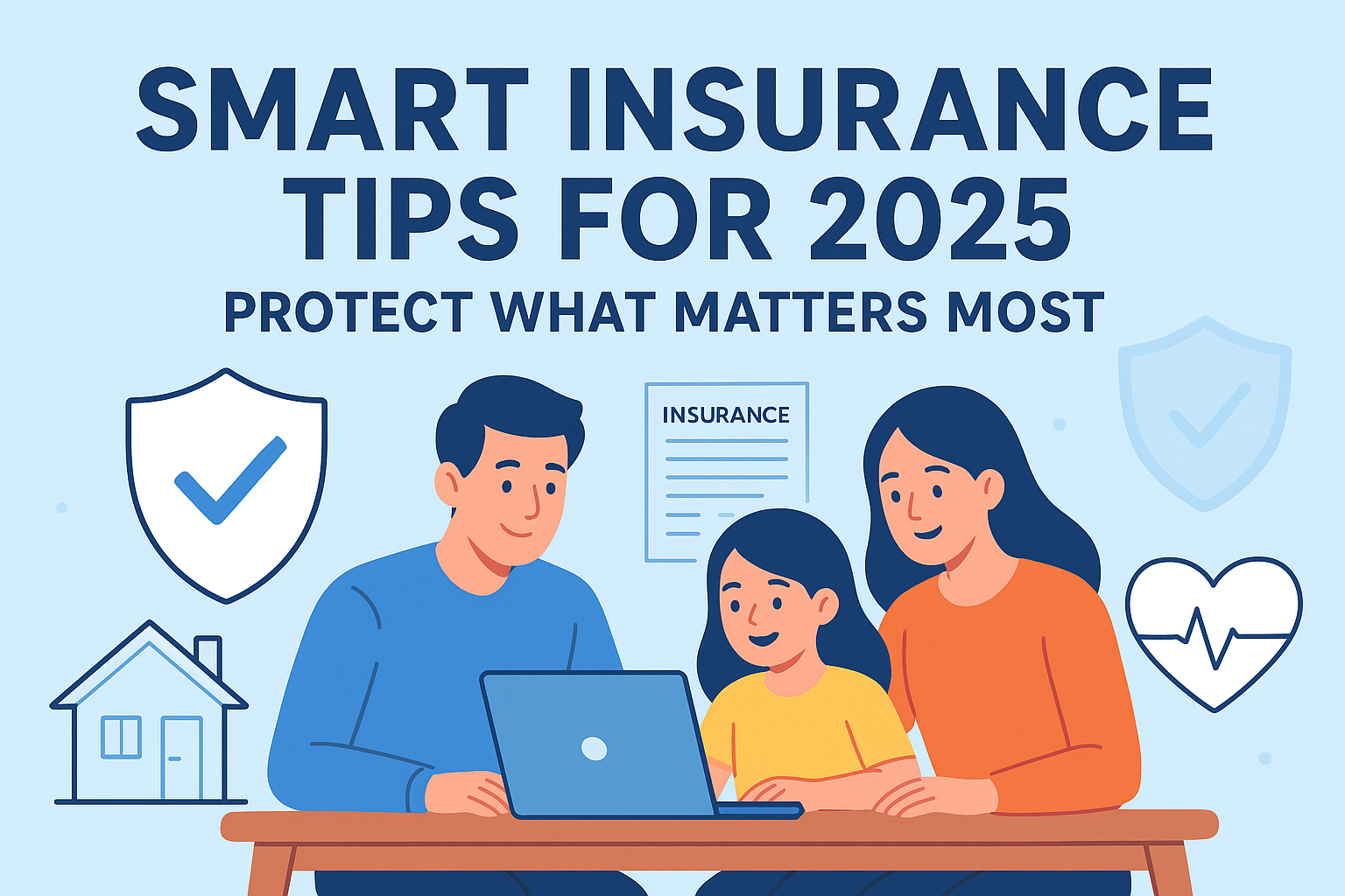 "Illustration showing smart insurance planning for 2025 — family, home, and car protection concept."