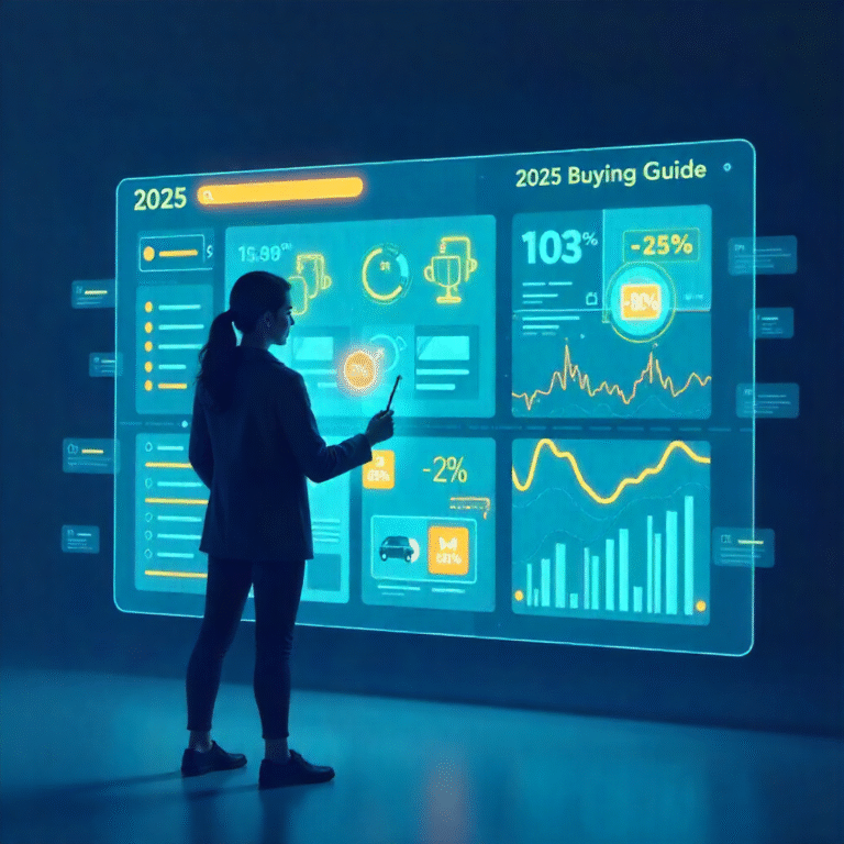 Digital shopping scene with glowing icons and price tags showing smart shopping in 2025.