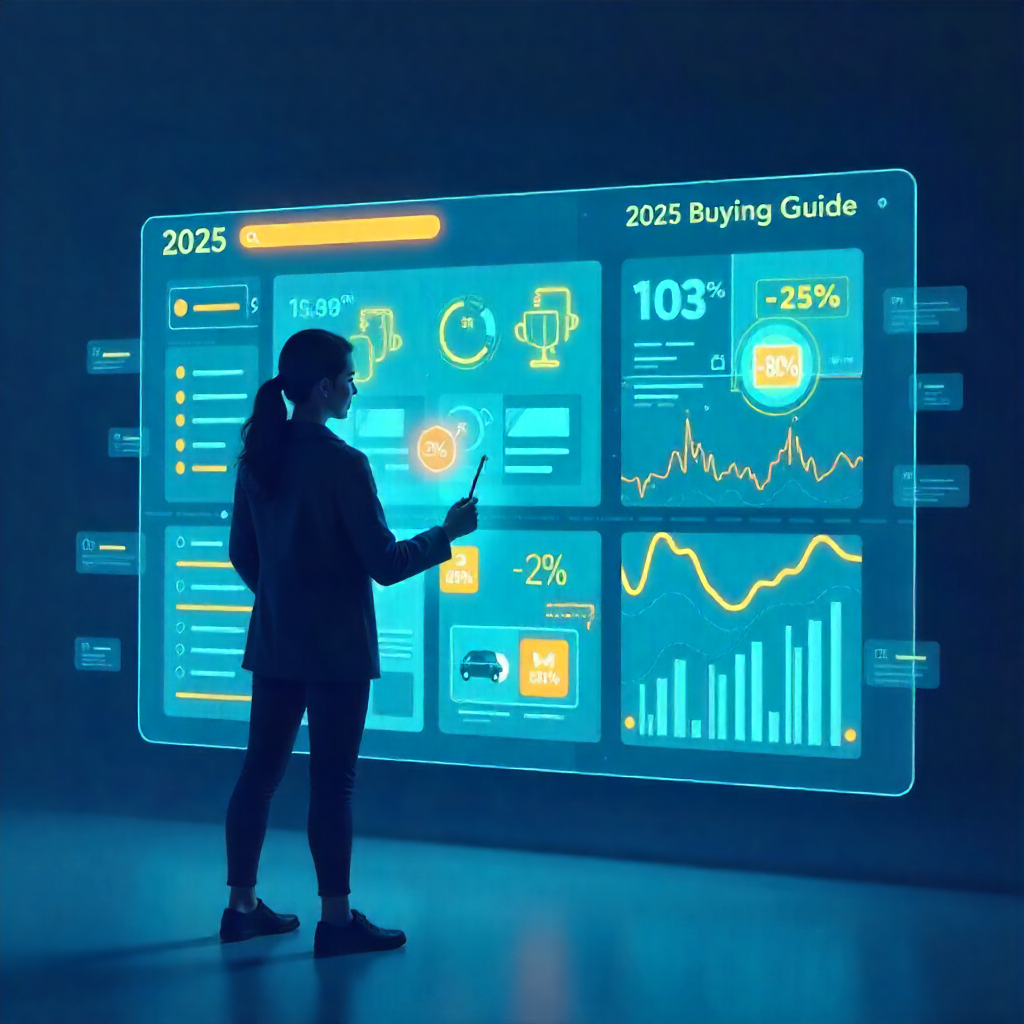 Digital shopping scene with glowing icons and price tags showing smart shopping in 2025.
