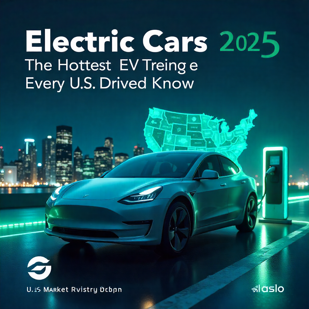 A futuristic electric car charging at a modern U.S. station under glowing city lights, symbolizing EV growth in 2025.
