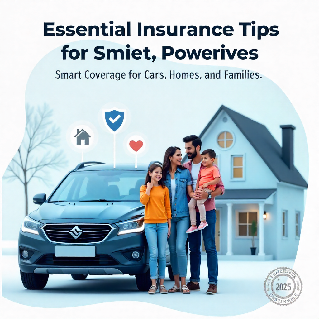 Modern family with a car and house under digital insurance protection icons, symbolizing coverage in 2025.
