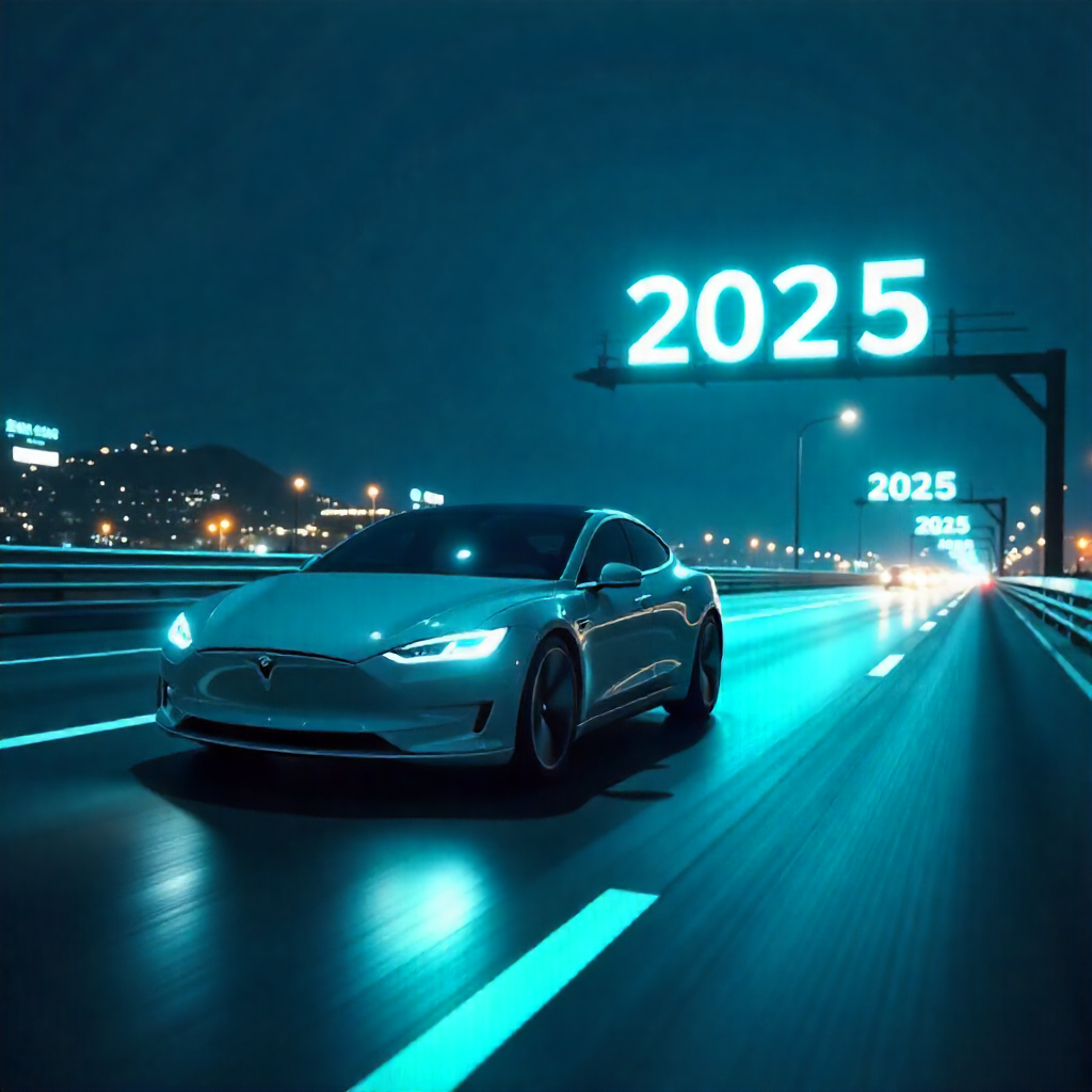 A futuristic electric car driving on a glowing highway in the United States, symbolizing innovation, clean energy, and the future of EV technology in 2025.