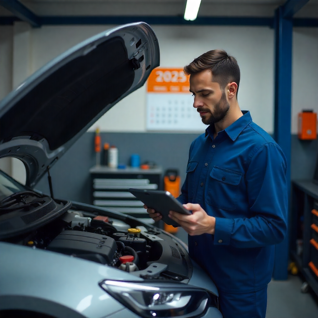 A mechanic checking a car engine in a modern garage, representing smart auto maintenance tips for U.S. drivers in 2025.