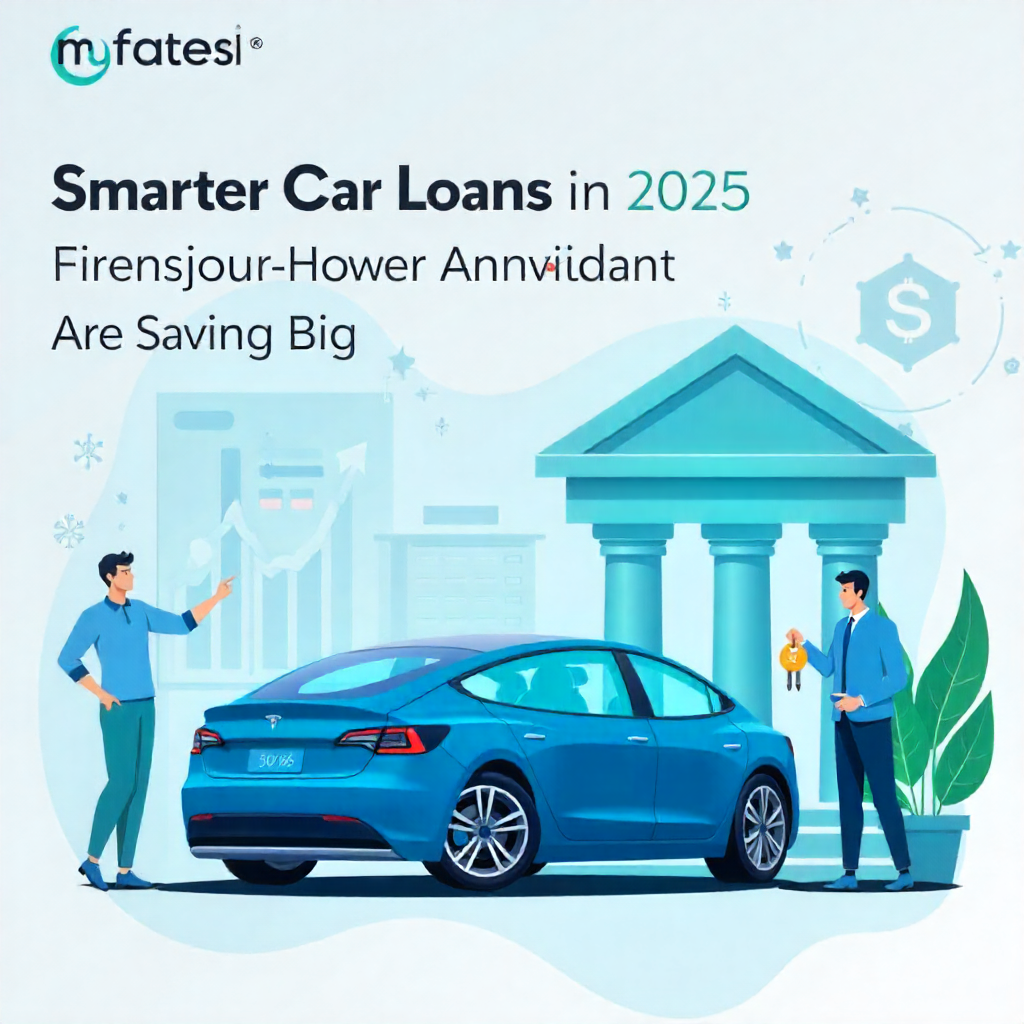 “Electric blue car parked beside bank icons showing smart auto loan savings in 2025 USA”
